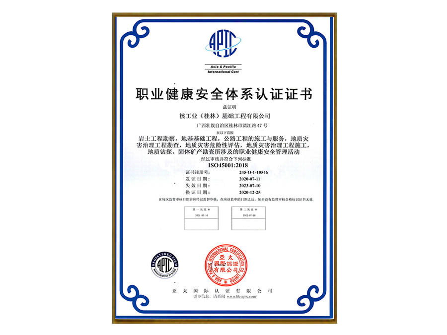 Occupational health and safety system certification certificate